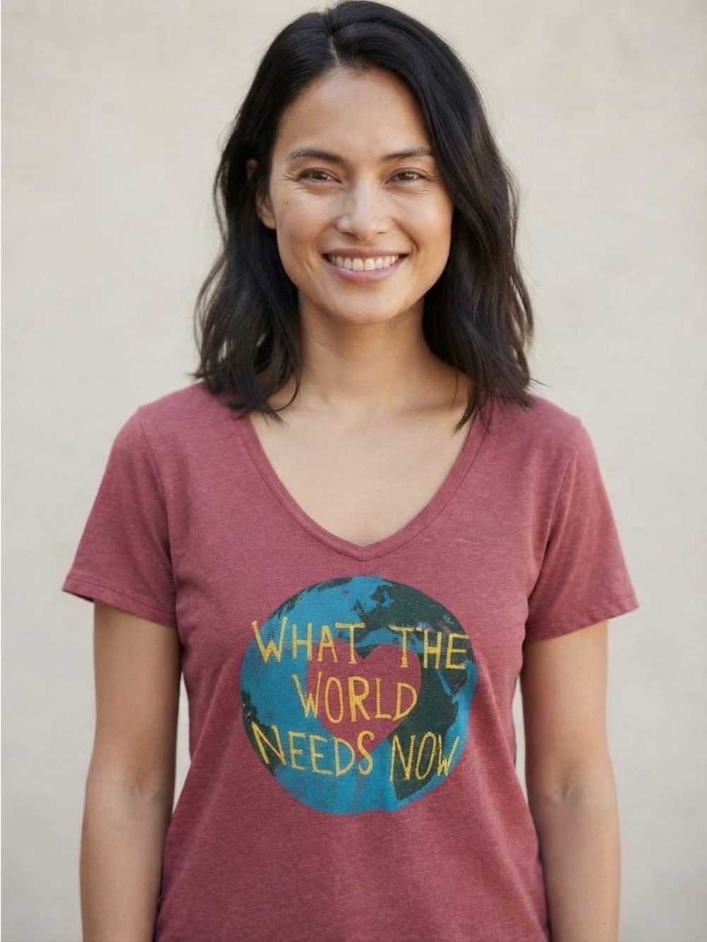 "What the World Needs Now" Heathered Red Eco-friendly Cotton T. - Size Large